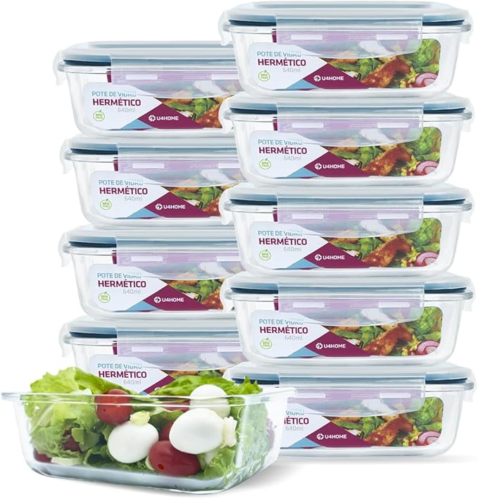Kit 10 Potes Herméticos de Vidro para Marmitas Multifuncional, forno, micro-ondas 370ML + Brinde Grátis