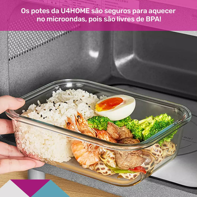 Kit 10 Potes Herméticos de Vidro para Marmitas Multifuncional, forno, micro-ondas 370ML + Brinde Grátis