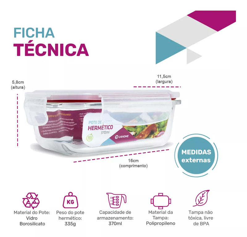Kit 10 Potes Herméticos de Vidro para Marmitas Multifuncional, forno, micro-ondas 370ML + Brinde Grátis