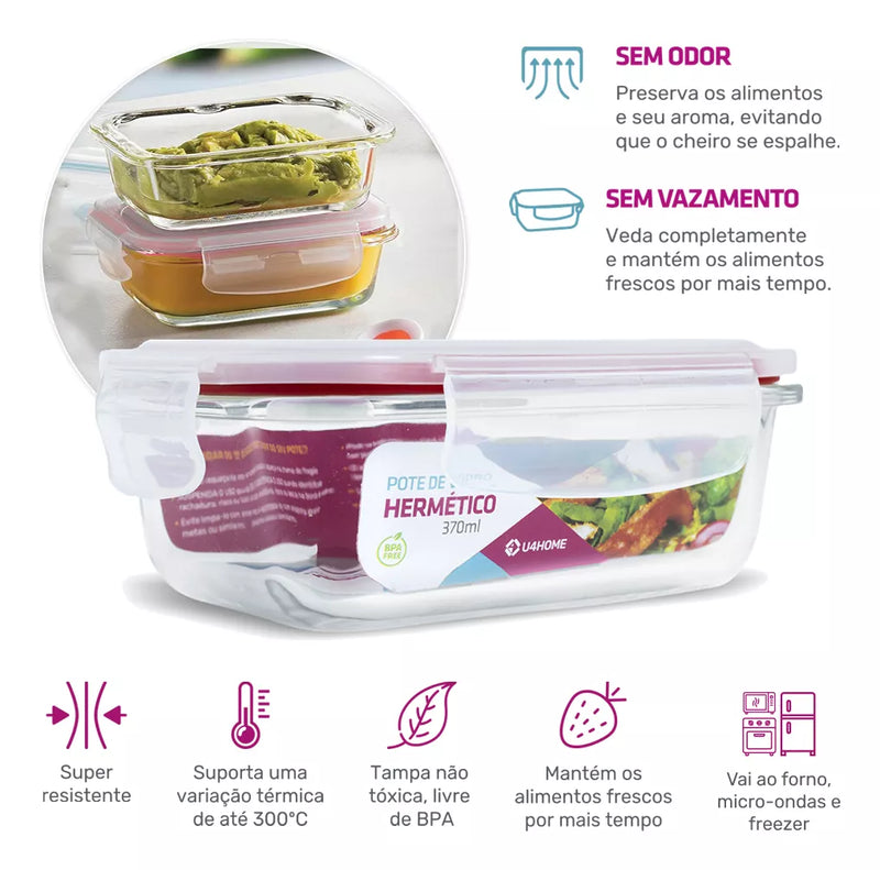 Kit 10 Potes Herméticos de Vidro para Marmitas Multifuncional, forno, micro-ondas 370ML + Brinde Grátis